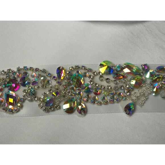 White AB Rhinestone Crystal Appliqued Bridal Wedding Prom Party Formal Sash Belt - Picture 5 of 5
